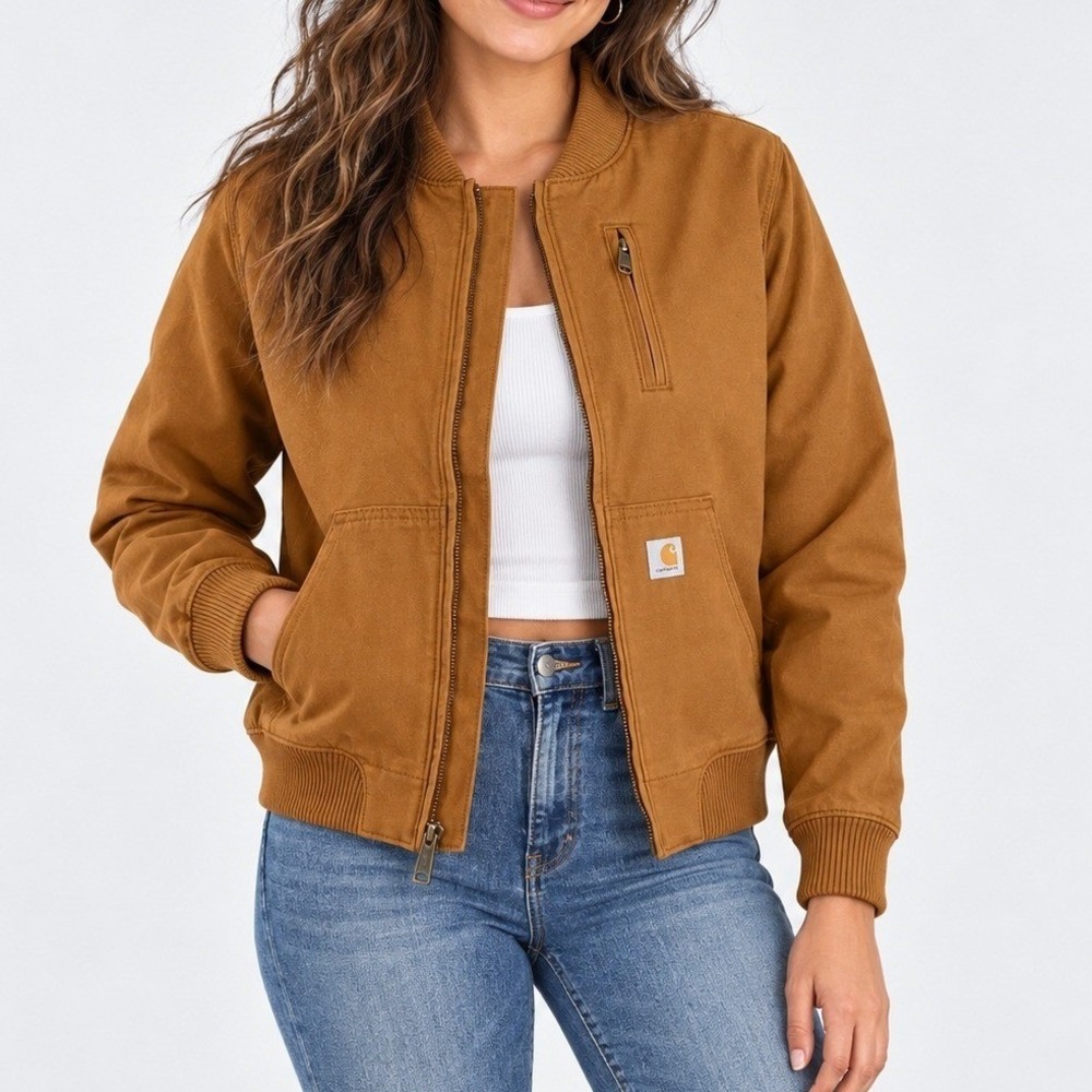 Carhartt Womens Brown Canvas Bomber Jacket Full Zip M Gorpcore Workwear Utility